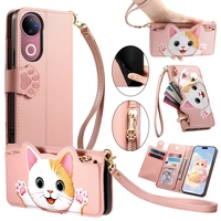Étui portefeuille en cuir avec fermeture éclair et multiples fentes pour cartes pour Samsung Galaxy A06 A16 A26 A36 A56 5G A15 A25 A35 A55 A05 A05S, avec cordon et motif chat