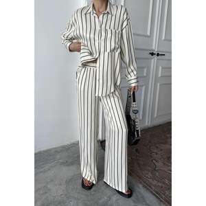 Conjunto de Pijama de Satén a Rayas Negras para Mujer, Manga Larga, Clásico, Dos Piezas, Tela Suave - Product Image 2