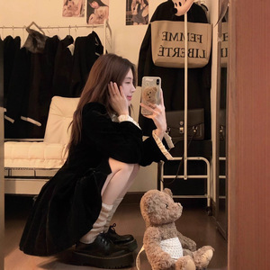 French Style Cute Black Dress Women Peter Pan Collar Tight Waist Short Skirt Daily Casual Polyester Fabric - Product Image 3