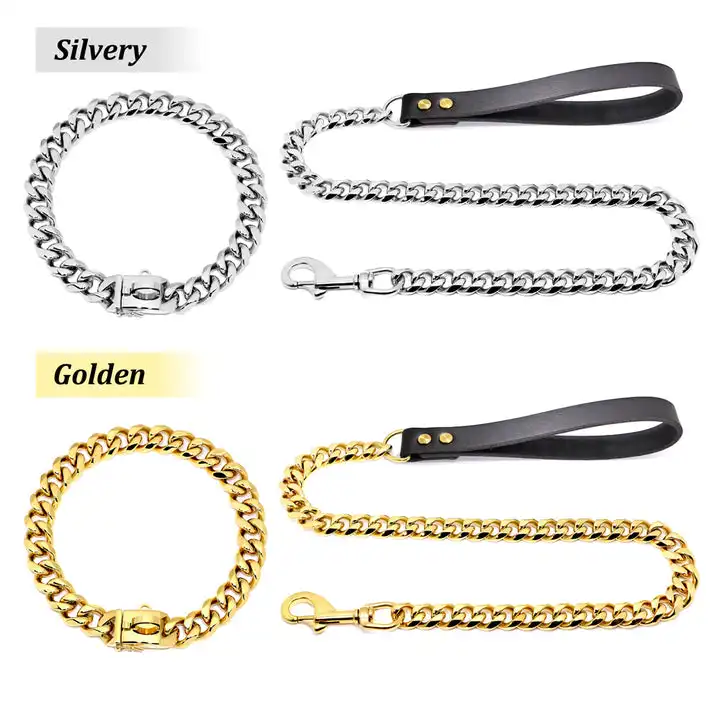 Heavy Duty Stainless Steel Gold Dog Chain Necklace Pet Cuban Link Pitbull Dog Chain Collar And Leash