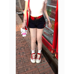 กางเกงยีนส์ขาสั้นเข้ารูปย้อนยุคของผู้หญิงดีไซน์รูปแมวปักลายใหม่สำหรับฤดูร้อน2025 - Product Image 4