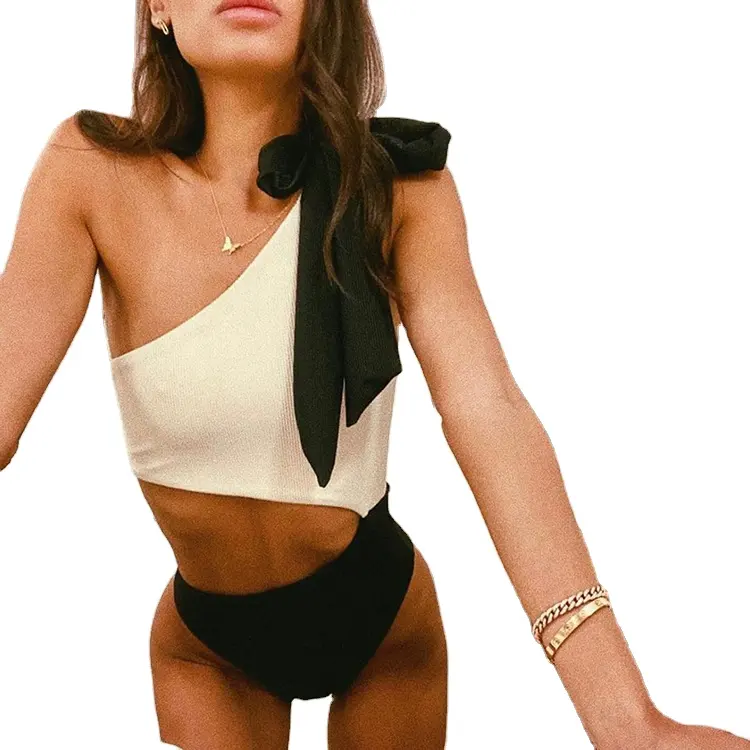 Plaj kıyafeti özel seksi sıcak tek parça Monokini oymak bir omuz mayo yüksek bel alt siyah yay bağlı üst bikini