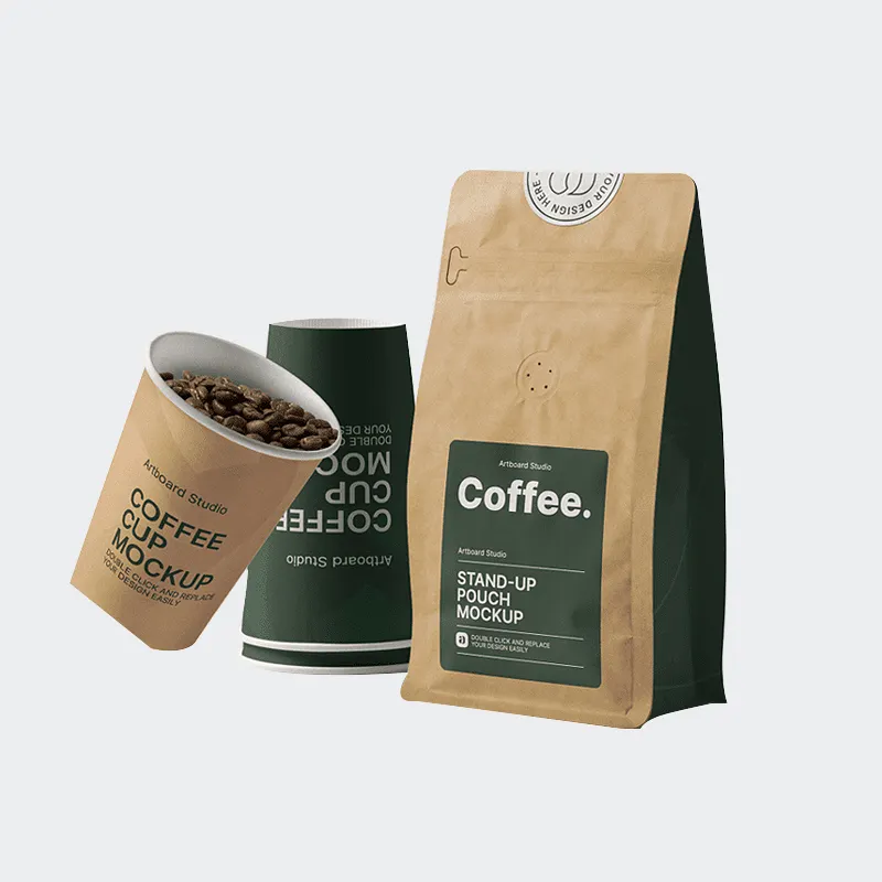 Custom Resealable Compostable Bottom Gusset Coffee Bean Stand Up Flat Bottom Pouches Kraft Paper Pouch