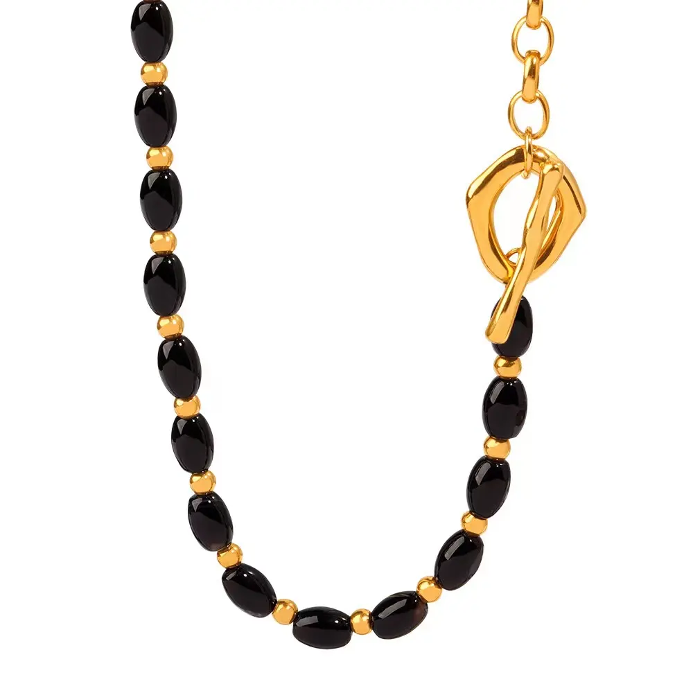 New Style Semi Black Gem Gold Plated Stainless Steel Long Sweater Chain OT Buckle Necklace Jewelry