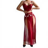 Nouvel ensemble de pyjama trois pièces sexy et romantique pour femme 2026, haut floral orné de perles, tenue transparente en polyester et terylène
