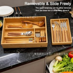 Bamboo Tableware <b>Storage</b> <b>Box</b> Rectangular Double Layer Drawer Organizer With Compartments For <b>Kitchen</b> Desktop Use - Product Image 3