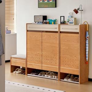 ตู้รองเท้าไม้เนื้อแข็งสีเชอร์รี่สไตล์ญี่ปุ่นสำหรับทางเข้าบ้าน ประหยัดพื้นที่ เหมาะสำหรับผู้ใหญ่ - Product Image 1