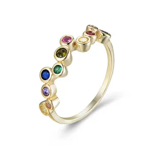 925 Sterling Silver 14K Gold Plated Band Multi Color Stone Round Bead Zircon Rainbow Ring