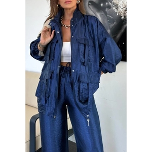 Ensemble 2 pièces décontracté pour femmes, pantalon ample à manches longues avec poche 3D, couleur unie, tendance - Product Image 1