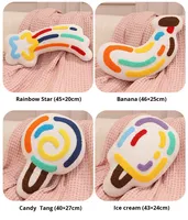 Super oreiller en peluche sucette arc-en-ciel étoile chat lait thé et banane crème glacée courte en peluche jouets alimentaires pour la décoration de la maison