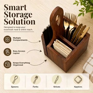Wooden Multi Compartment Tableware <b>Storage</b> <b>Box</b> Rectangular Solid Wood Organizer For <b>Kitchen</b> Outdoor Use - Product Image 5