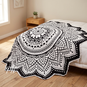 Tapisserie ronde Mandala Lotus noir et blanc, style bohème indien, pour mur, plage, nappe en coton, drap de yoga, 70 pouces - Product Image 4