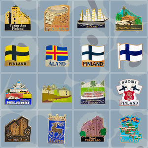 Pin de solapa de esmalte personalizable con características culturales regionales de Finlandia, mapa, bandera y edificios, recuerdo turístico, venta al por mayor, insignia metálica - Product Image 1
