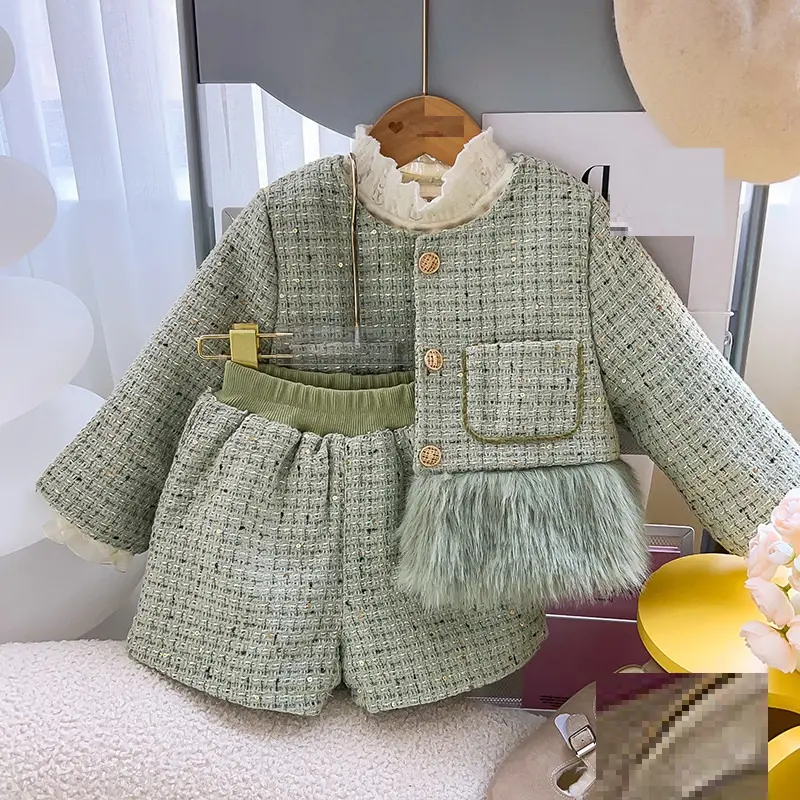 0371 2024 New Korean Girl Clothes Sets Kids Girl Princess Winter Clothing Set Children Fur Jacket Shorts Winter Suit