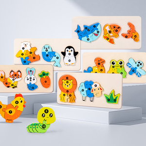 Blocchi di Costruzione in Legno per l'Educazione Precoce, Puzzle di Animali, Giocattolo per Bambini Fai-da-Te, Catena Alimentare, Gioco di Abbinamento Colori per Bambini - Product Image 1