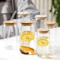 Ensemble de gobelets en verre borosilicate de haute qualité avec couvercles en bambou et pailles, 16 oz, sans BPA, compatibles lave-vaisselle et micro-ondes, design mignon pour café glacé