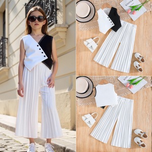 Nuovo Set Estivo 2025 per Ragazze: Gilet Bianco e Nero a Contrasto + <span class=keywords><strong>Pantaloni</strong></span> Bianchi Plissettati, Completo Moda 2 Pezzi - Product Image 2