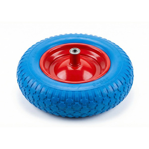 ล้อรถเข็น PU1414 ขนาด 14x3.50-8 แบบไม่ต้องเติมลม ขนาด 14 นิ้ว สีฟ้า ยางโฟม PU ขอบเหล็กสีแดง รูเพลา 1/2 นิ้ว อะไหล่รถเข็นสวน รถเข็นมือ - Product Image 3