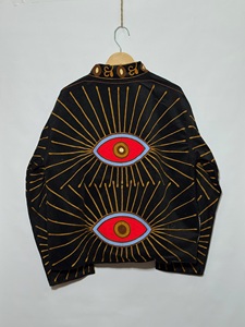 Veste courte noire brodée pour femmes |   Veste à motif géométrique œil-de-tigre brodée |   Veste courte ethnique bohème à col montant - Product Image 5