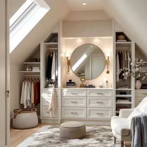 Cabina Armadio Classica Bianca di Alta Gamma Balom con Cassetti a Pannello Incassato e Specchio LED per Appartamenti e Mansarde - Product Image 1