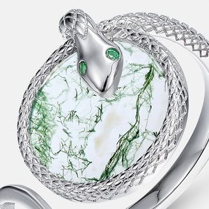 Anello in Pietra di Muschio Verde della Fabbrica di Gioielli MUSHAN, Anello Indice in Argento S925 con Agata Naturale e Serpente Divino Avvolto Intorno - Product Image 4
