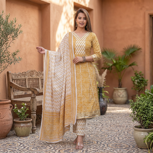 Ensemble ethnique décontracté traditionnel indien pour femmes, en coton imprimé couleur moutarde, coupe ample, longueur genou, avec dupatta, robe pour Diwali - Product Image 1