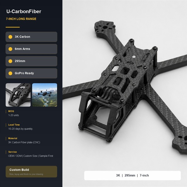 Wholesale 7 Inch Carbon Fiber Long Range FPV Quadcopter Frame 295mm 6mm Arms 3K CNC Action Camera Mount Mapping OEM ODM Custom