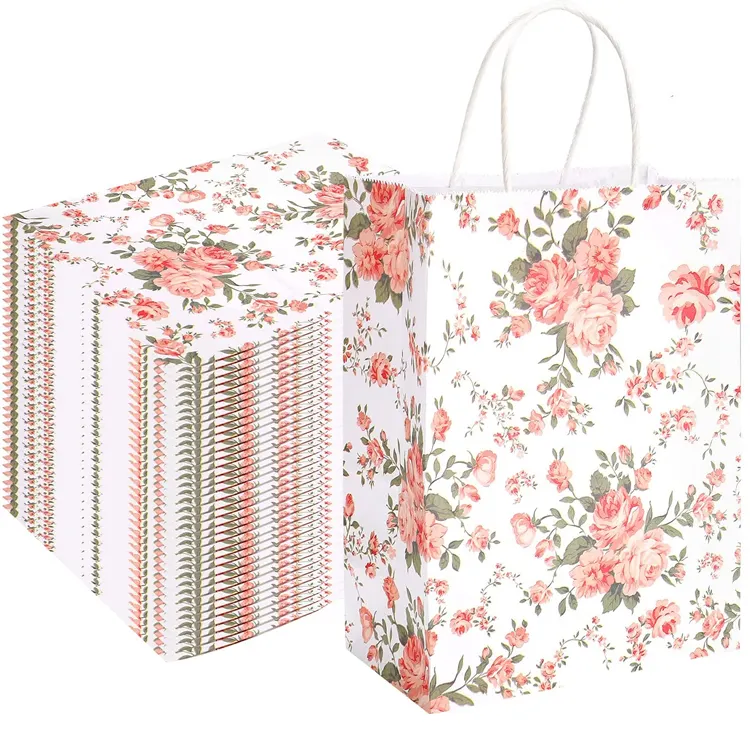 Toptan özel baskılı lüks çiçekler beyaz paket perakende butik alışveriş hediye kağıt torbalar kendi Logo kolu ile