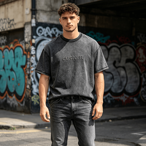 เสื้อยืดฮิปฮอปสตรีทสไตล์โอเวอร์ไซส์ ปักโลโก้ด้วยคริสตัลแบบกำหนดเอง ทรงวินเทจ บ็อกซี่ ไหล่ตก ซักแบบสโตนวอช เสื้อผ้าผู้ชาย - Product Image 2