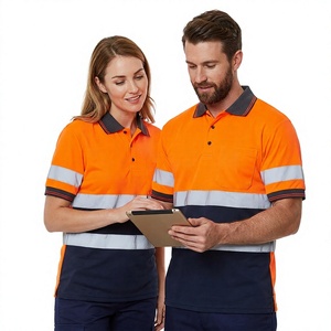 High Visibility Polyester Windproof <b>Orange</b> Workwear <b>Polo</b> Shirt with Reflective Stripes for Men and Women - Product Image 1