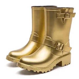新款梦幻般闪亮金色防水流行PVC女式雨靴女鞋