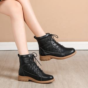 Bottines pour femmes, printemps, automne, hiver, confortables, semelle souple, décontractées, fourrure, lacets, talon épais, en cuir de vache - Product Image 4