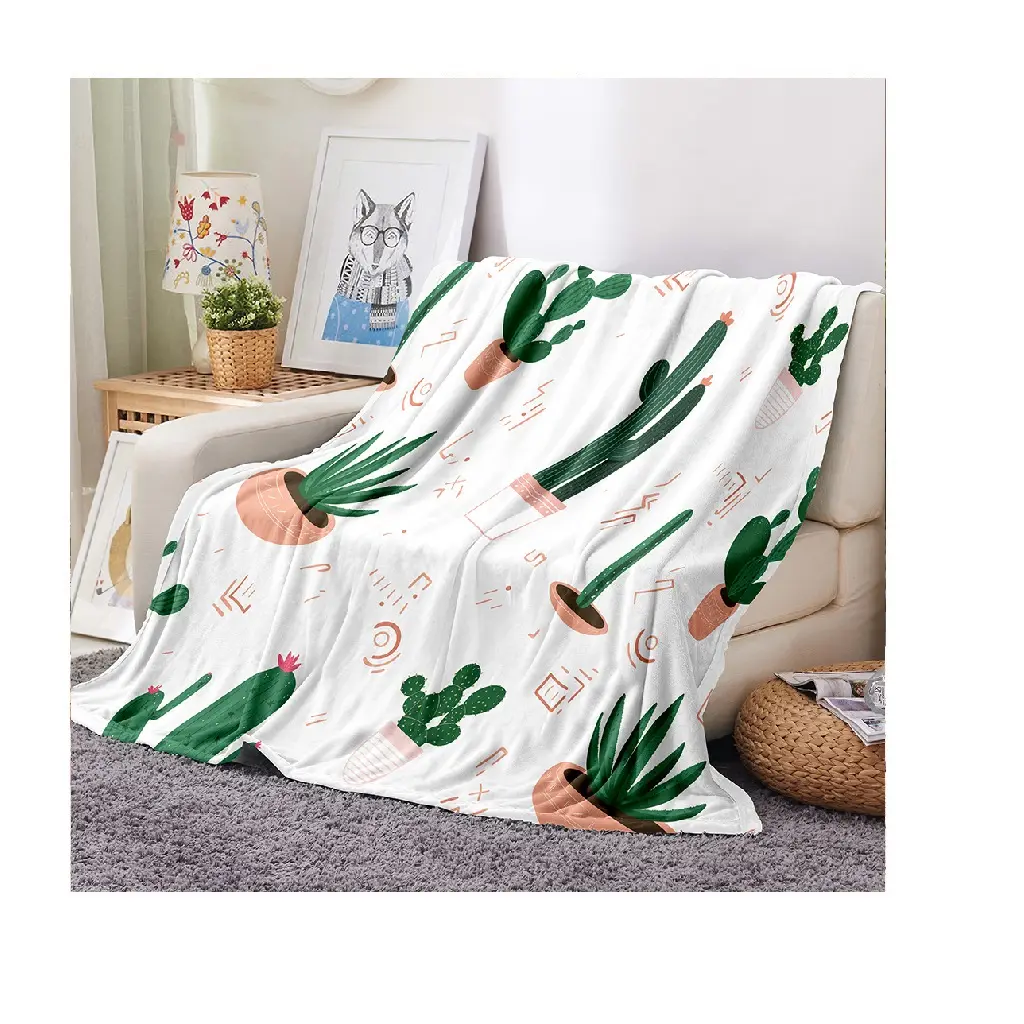 Spring Special Custom Digital Print Green Plant Cactus Series Flannel Modern Polyester Blanket Cover Blanket