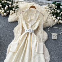 Robe longue élégante pour femmes WIWT, en dentelle noire, patchwork, manches longues, coupe évasée, avec ceinture, pour occasions décontractées, fêtes, usage quotidien, robes décontractées