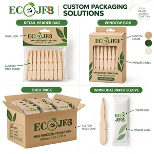 Fourchette à steak en bois naturel de 90 mm, mini-pique à apéritif jetable avec emballage de détail personnalisé pour supermarchés et importateurs - Product Image 4