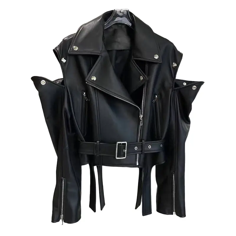 High Quality Street Style Sheepskin Jackets Cropped Genuine Leather Motorcycle Jacket Women