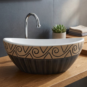 Lavabo ovale en porcelaine, design marbre, de bonne qualité, en céramique, pour salle de bain, à poser sur comptoir, lavabo d'angle pour se laver les mains. - Product Image 5