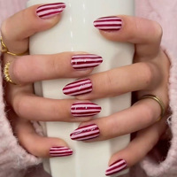 Ongles press-on courts en amande, rayés rouge et blanc, style color-block, simples, très demandés à l'international, en stock, commande en gros, logo personnalisé