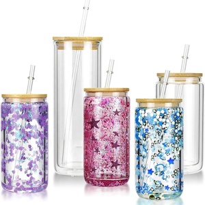 Vasos de cristal de doble pared en forma de lata de cerveza preperforada transparente de 12oz, 16oz, 20oz, Snowglobe, tazas Diy con tapa de bambú y pajita - Product Image 1
