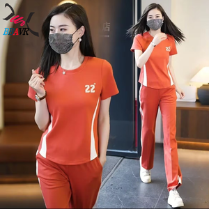 <b>Women</b> Casual Jogging <b>Running</b> Knit T-shirt Pant Sets Girls Female Summer Autumn Sports 2 Piece Sets - Product Image 1