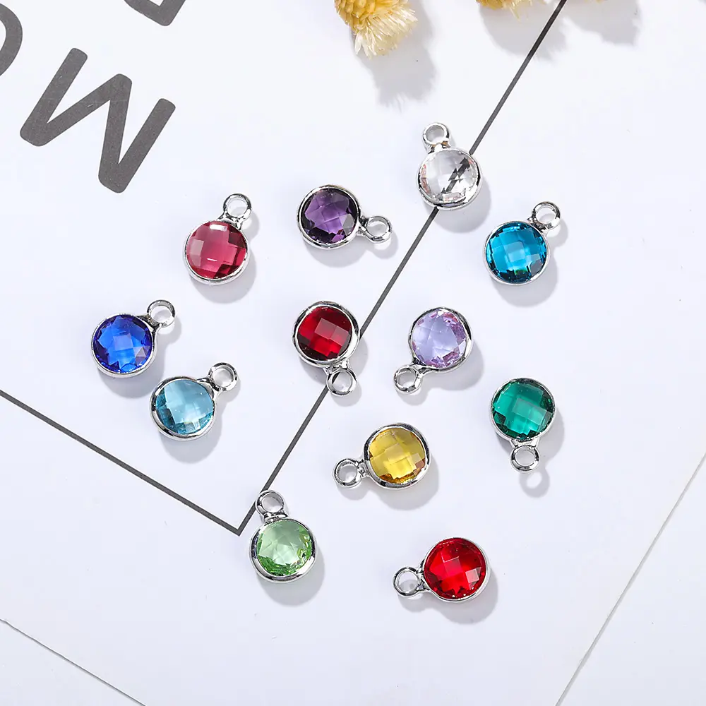 Valentines Day Silver Metal 12 Month Zodiac Glass Crystal Birthstone Pendant Charms Jewelry Making Accessories for Bracelet Necklace