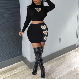 Women's Love Rhinestone Hollowed Out Navel Exposed Hot Girl T-shirt Short Dress Fashion Casual <b>Skirt</b> 2 Piece Set Fashion - Product Image 3