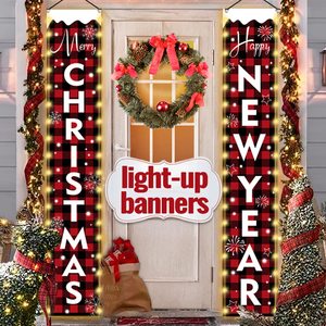 Front Door Welcome Christmas Porch Banners Black Porch Sign Hanging Xmas Decorations for Home Wall Indoor Outdoor Decorations