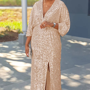 Vestido de Noche Elegante y Moderno con Cuello en V, Abertura Lateral, Manga Larga y Lentejuelas para Fiesta, Vestidos para Mujer - Product Image 1