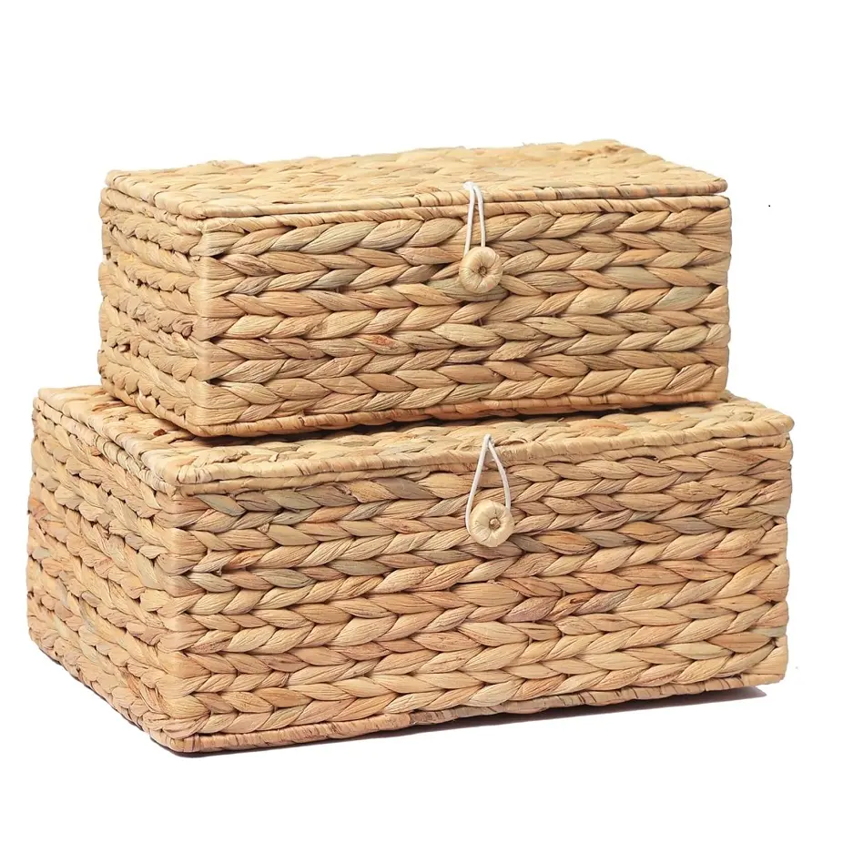 Boho Packung mit 2 großen rechteckigen Wasser haycinth Wicker Vorrats behälter mit Deckel Rattan Korb dekorative Boxen für die Inneneinrichtung