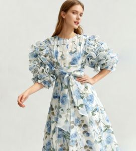 Vestido retro romántico estilo corte con estampado de rosas, nuevo estilo 2025, diseño de cuello redondo con mangas abullonadas y falda midi a capas - Product Image 5