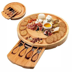 Round Bamboo <b>Cheese</b> Board <b>Set</b> With <b>Knife</b> Fork Portable Cutting Board For Outdoor Use - Product Image 3