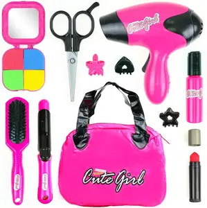 Conjunto de salón de belleza para niños, juguete de simulación de moda con bolsa de cosméticos, secador de pelo, rizador, paleta de rubor - Product Image 1
