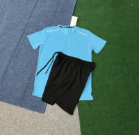 Conjunto Deportivo de 2 Piezas para Hombre, Camiseta de Secado Rápido con Rayas Azul Claro y Pantalones Cortos Deportivos Negros con Rayas Reflectantes