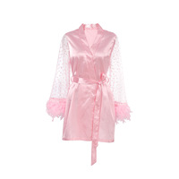 Robe Courte en Satin Soyeux Rose à Pois et Plumes à Manches Longues pour Femme RUIYI – Nouvelle Collection Été-Automne, Respirante et Douce, Vente Chaude